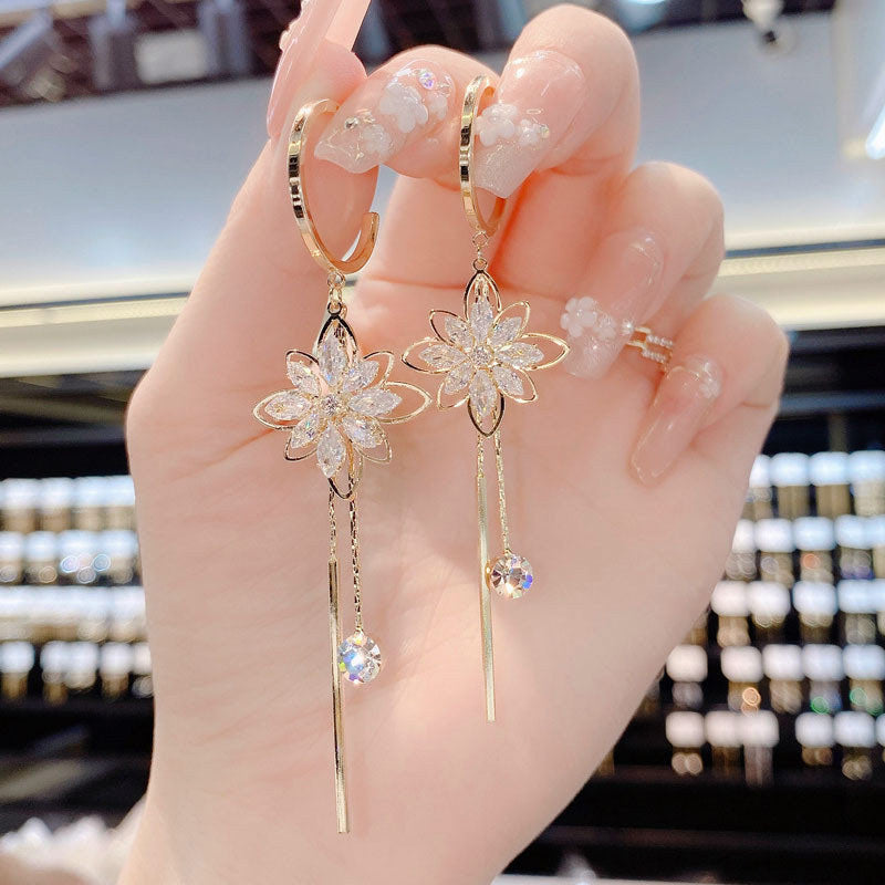 Stylish Flower Earrings Women's Tassel Crystal