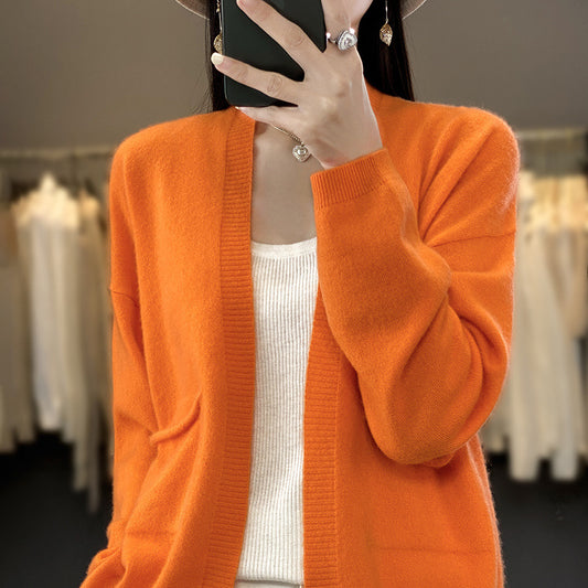 "Spring and Autumn Solid Color V-Neck Cardigan – Thin, Loose, and Slimming with All-Matching Style and Pockets"