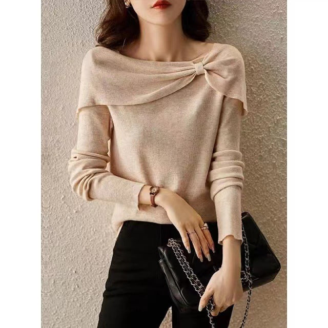 "Women's Diagonal Collar Long-Sleeved Sweater – Elegant Asymmetrical Knitwear"