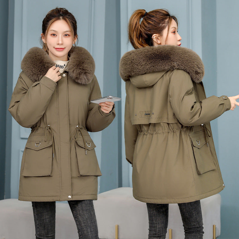 "Waist Slimming Elegant Parka Coat – Cotton-padded with Fur Collar and Velvet Lining"