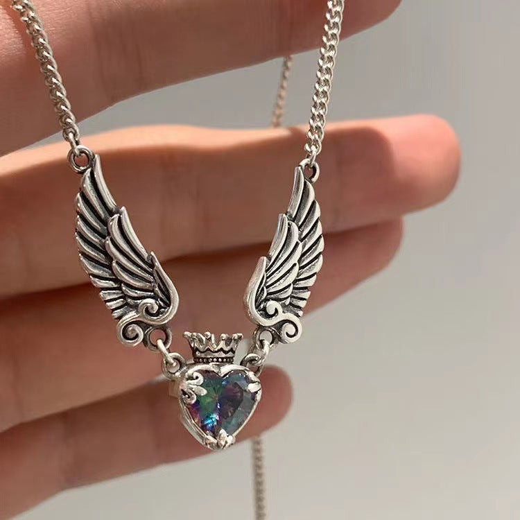 "Vintage Gothic Heart Crown Angel Wings Pendant Necklaces For Women Fashion Exquisite Love Shape Clavicle Chain Choker Jewelry"