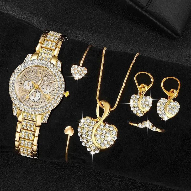 "Full Diamond Bracelet Watch Set – Elegant Women's Quartz Watch with Matching Bracelet, Necklace and Earrings"