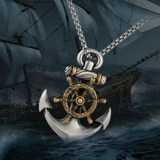 Vintage Pirate Anchor Ship Rudder Pendant Necklace Sailor Punk Hip Hop Trendy Street Party Jewelry