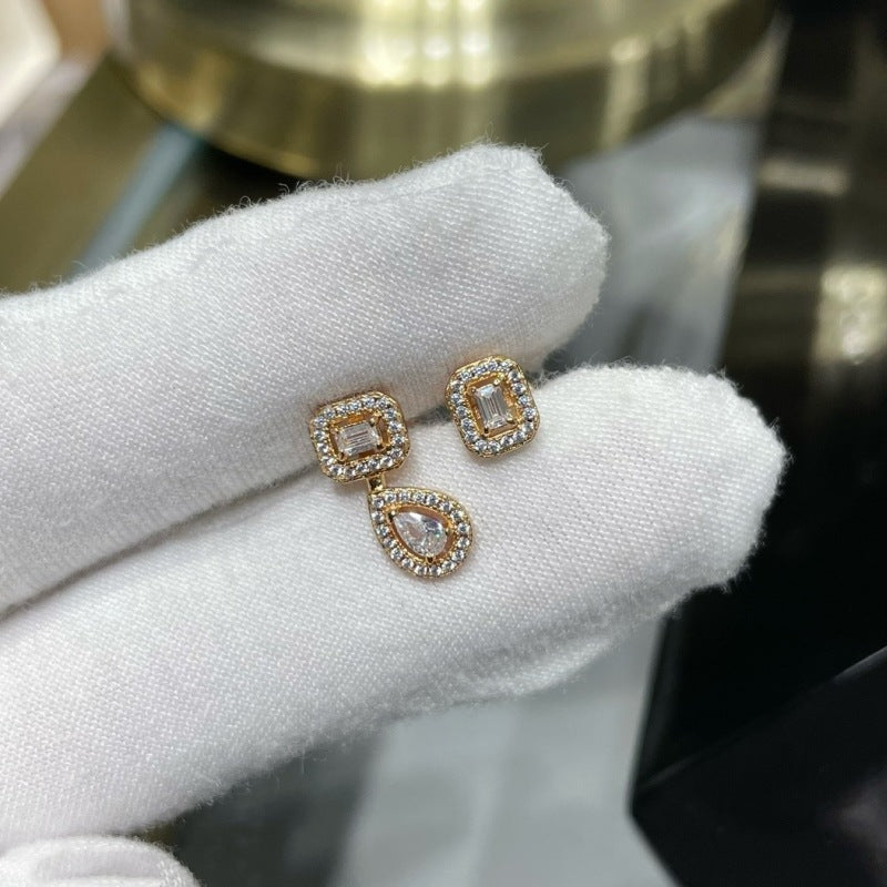 "Water Drop Cube Sugar Asymmetric Ear Studs – Full Diamond Statement Earrings"