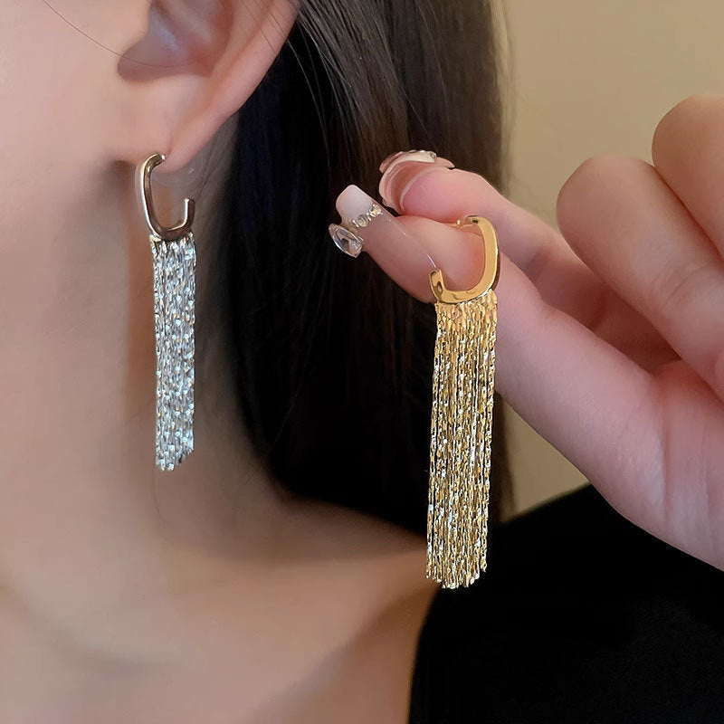 "Golden Long Geometric Tassel Earrings - Exaggerated Statement Jewelry for Women"