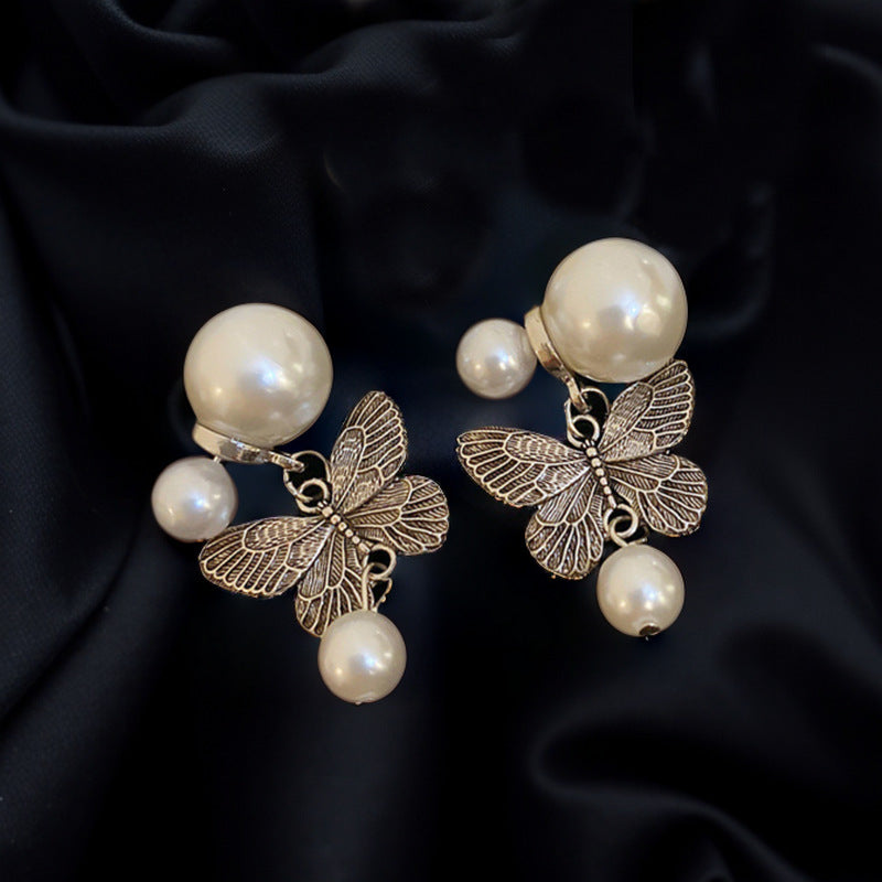 Butterfly Pearl Stud Earrings Vintage One Style For Dual-wear