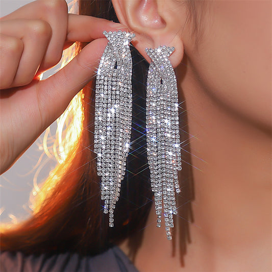 "Luxury Sparkling Full Rhinestone Long Fringe Earrings – Glamorous Statement Jewelry for Women"