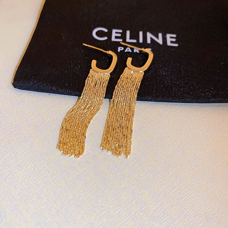 "Golden Long Geometric Tassel Earrings - Exaggerated Statement Jewelry for Women"