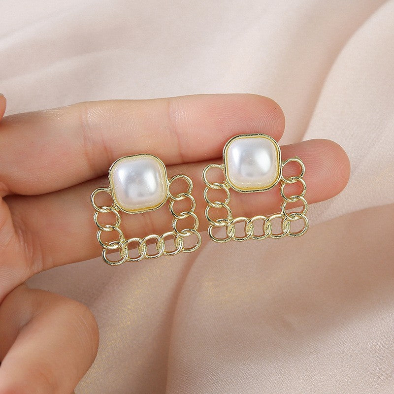 Fashion Chain Geometric Square Ear Studs Pearl Vintage