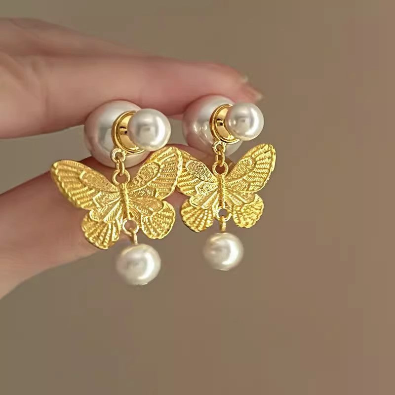 Butterfly Pearl Stud Earrings Vintage One Style For Dual-wear