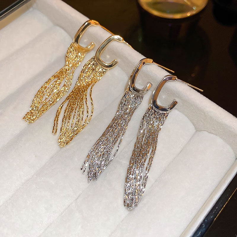 "Golden Long Geometric Tassel Earrings - Exaggerated Statement Jewelry for Women"