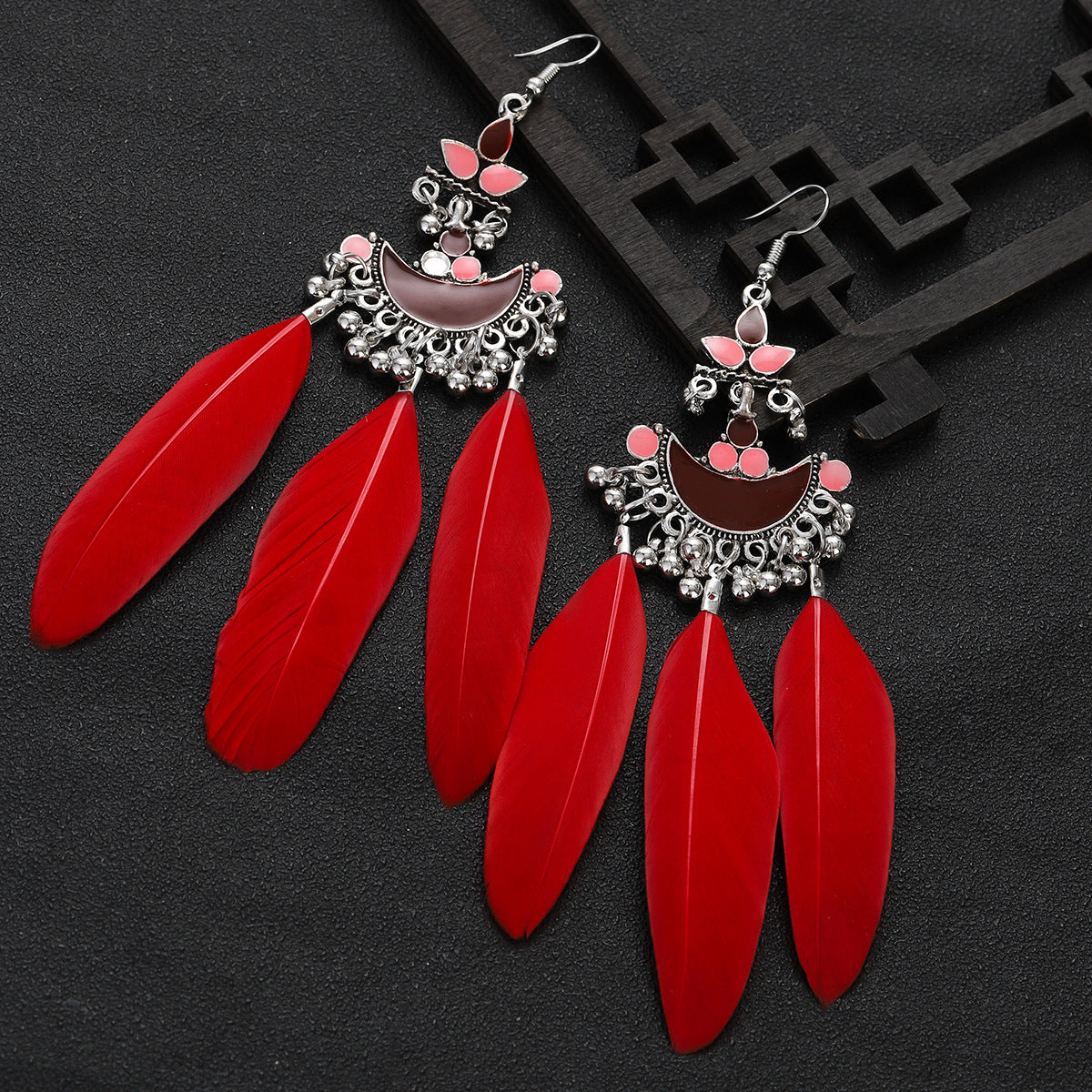 Hong Kong Style Antique Retro Ethnic Style Long Feather Bohemian Temperament Earrings