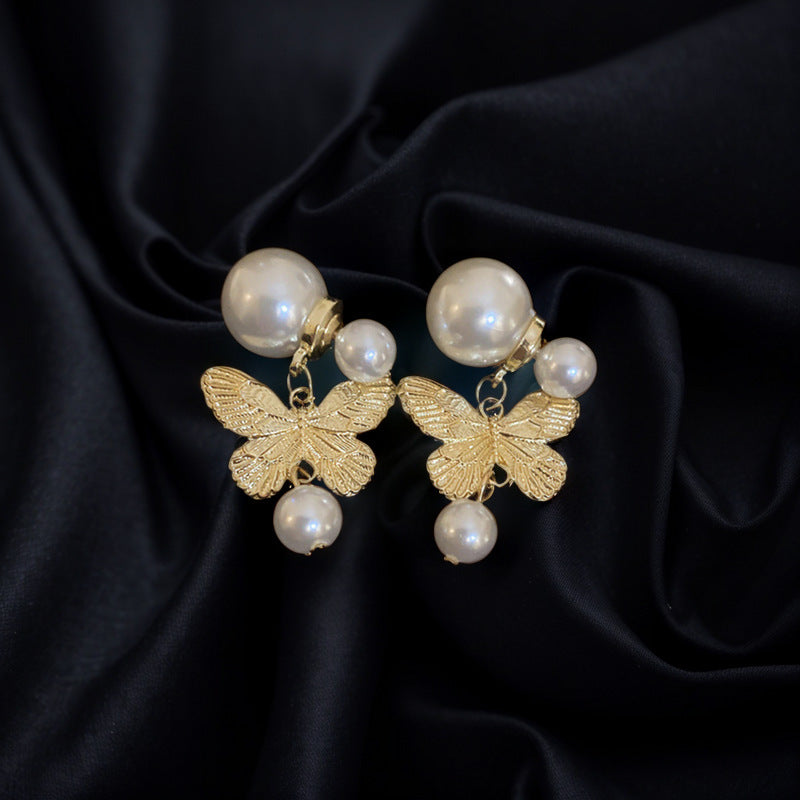 Butterfly Pearl Stud Earrings Vintage One Style For Dual-wear