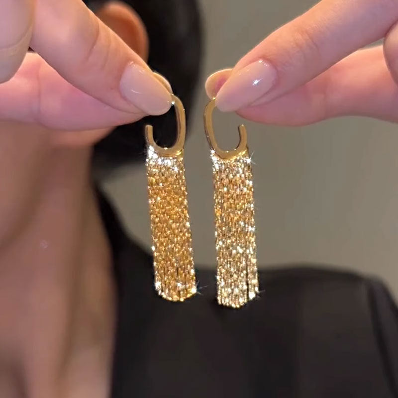 "Golden Long Geometric Tassel Earrings - Exaggerated Statement Jewelry for Women"