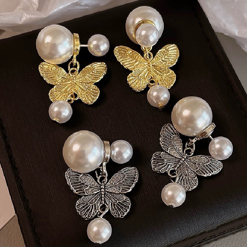 Butterfly Pearl Stud Earrings Vintage One Style For Dual-wear