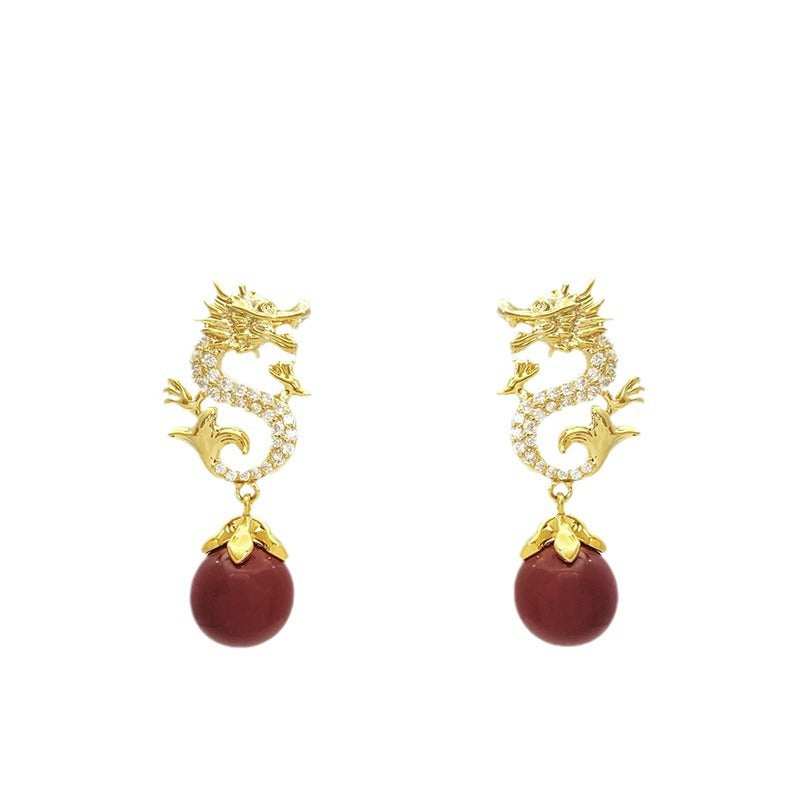 "Chinese Style Festive New Year Red Beads Zodiac Dragon Stud Earrings – Elegant Symbolic Jewelry for Celebration"