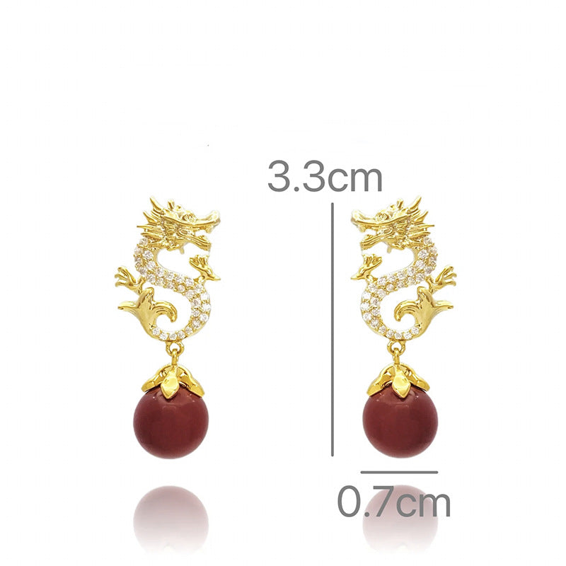 "Chinese Style Festive New Year Red Beads Zodiac Dragon Stud Earrings – Elegant Symbolic Jewelry for Celebration"