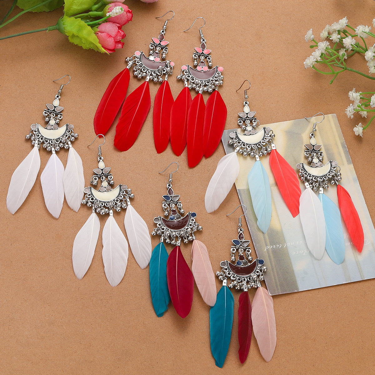 Hong Kong Style Antique Retro Ethnic Style Long Feather Bohemian Temperament Earrings