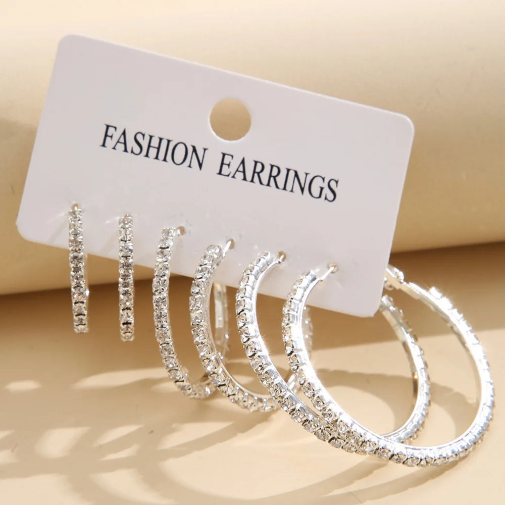 6PCS Exaggerated Big Gold Plated Crystal Rhinestone Hoop Earrings Set for Women Shiny Circle Earring Party Banquet Jewelry Gift