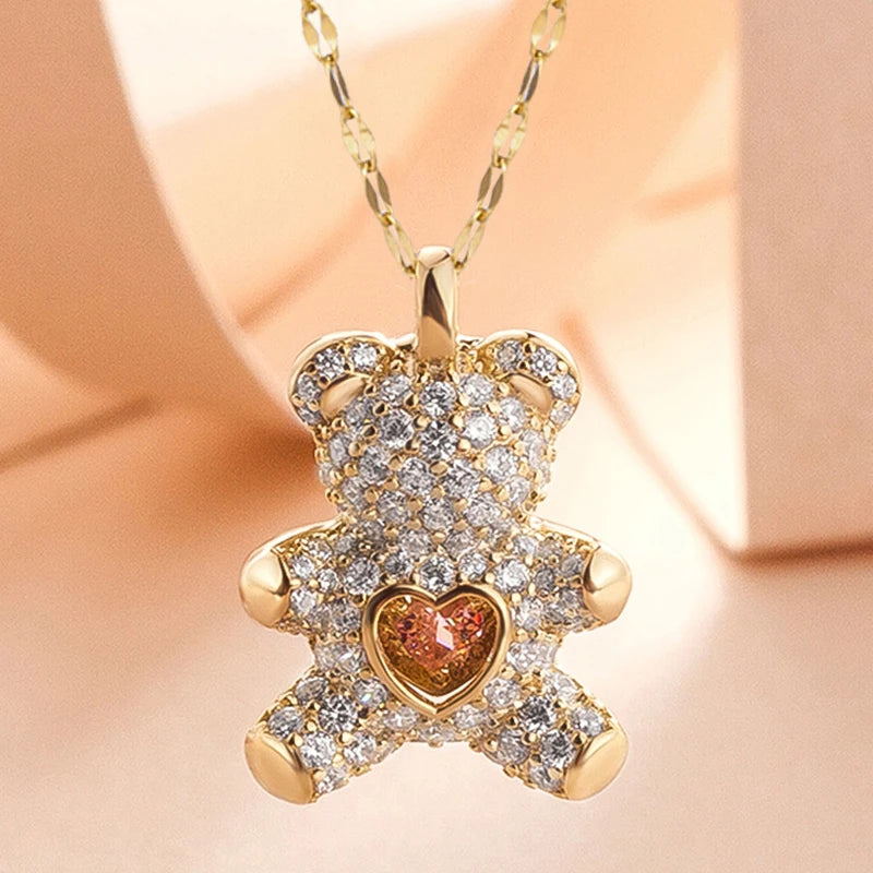 Flash Lovely Bear Pendant Necklaces for Women Golden Titanium Stainless Steel Neck Link Chain female Jewelry Gift