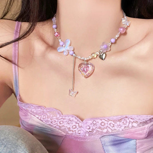 Y2K Heart Butterfly Pendant Choker Colorful Necklace Clavicle Chain for Women Girl Punk Sweet Aesthetic Jewelry Party