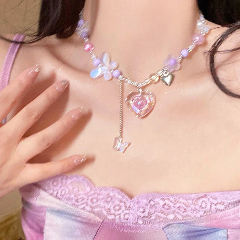 Y2K Heart Butterfly Pendant Choker Colorful Necklace Clavicle Chain for Women Girl Punk Sweet Aesthetic Jewelry Party