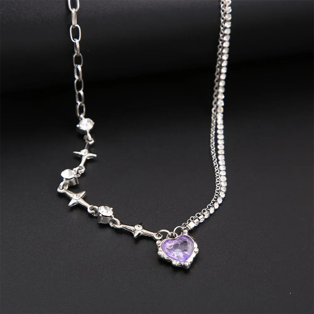 SUMENG 2024 Purple Pink Black Crystal Heart Pendant Necklace Sweet Cool Girl Punk Clavicle Chain For Women Fashion Jewelry Gifts