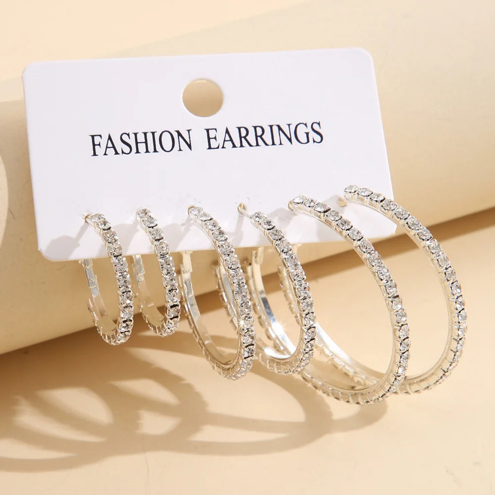 6PCS Exaggerated Big Gold Plated Crystal Rhinestone Hoop Earrings Set for Women Shiny Circle Earring Party Banquet Jewelry Gift