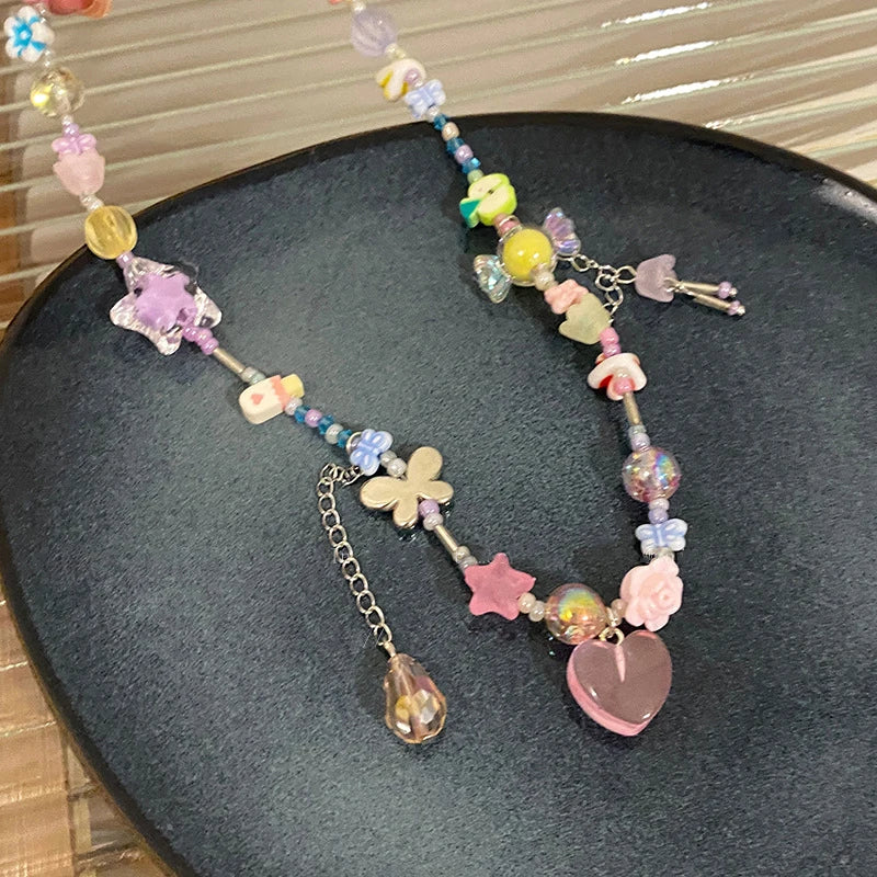 Y2K Heart Butterfly Pendant Choker Colorful Necklace Clavicle Chain for Women Girl Punk Sweet Aesthetic Jewelry Party