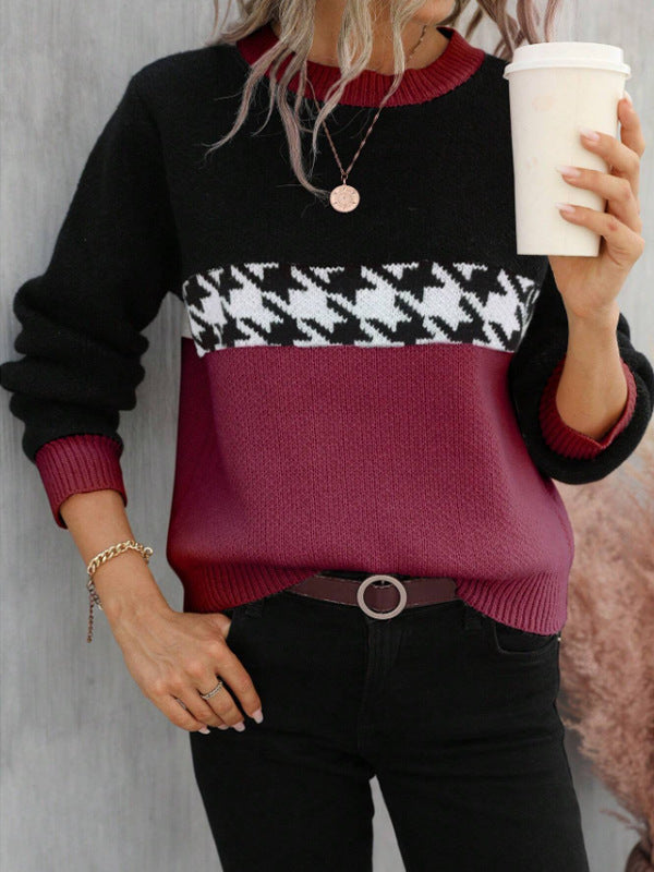 "Contrast Color Round Neck Pullover – Fashionable Geometric Pattern Knitted Sweater"