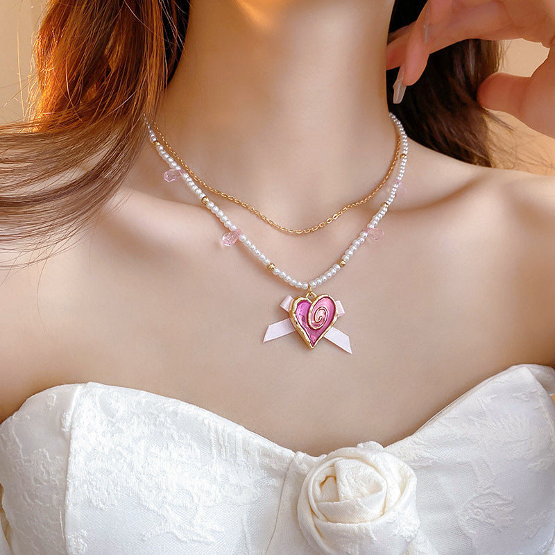 Love Heart Bow Tie Pearl Necklace Clavicle Chain