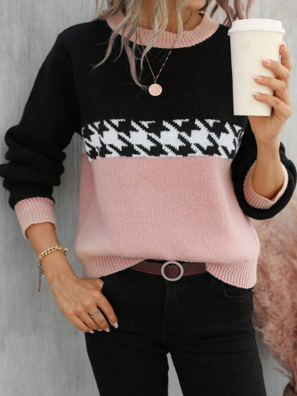 "Contrast Color Round Neck Pullover – Fashionable Geometric Pattern Knitted Sweater"