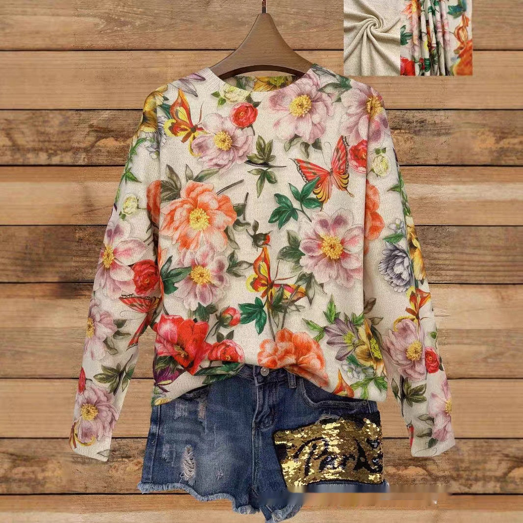 "Autumn Thin Printed Round Neck Long Sleeve Knitted Loose Casual Top – Effortless Comfort with a Stylish Twist"