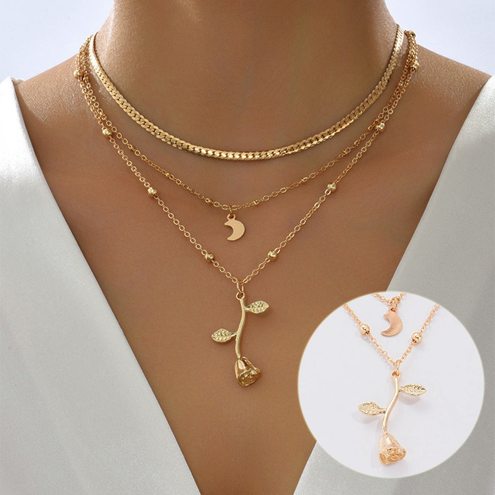 "Bohemia Multilayer Moon & Rose Pendant Necklace for Women – Gold Color Choker Necklace | 2025 Fashion Jewelry Party Gift & Valentine's Day Delight"