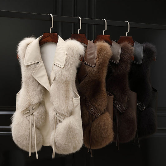 "Elegant Patchwork Fox Fur Vest – Short Artificial Fur Coat for Women | Autumn & Winter Collection"