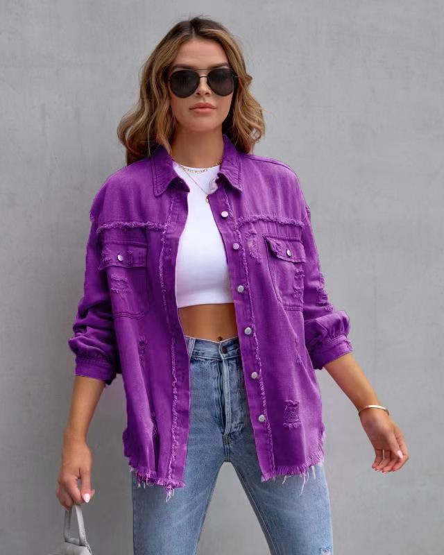 "Fashion Ripped Shirt Jacket – Casual Women's Top for Autumn and Spring"