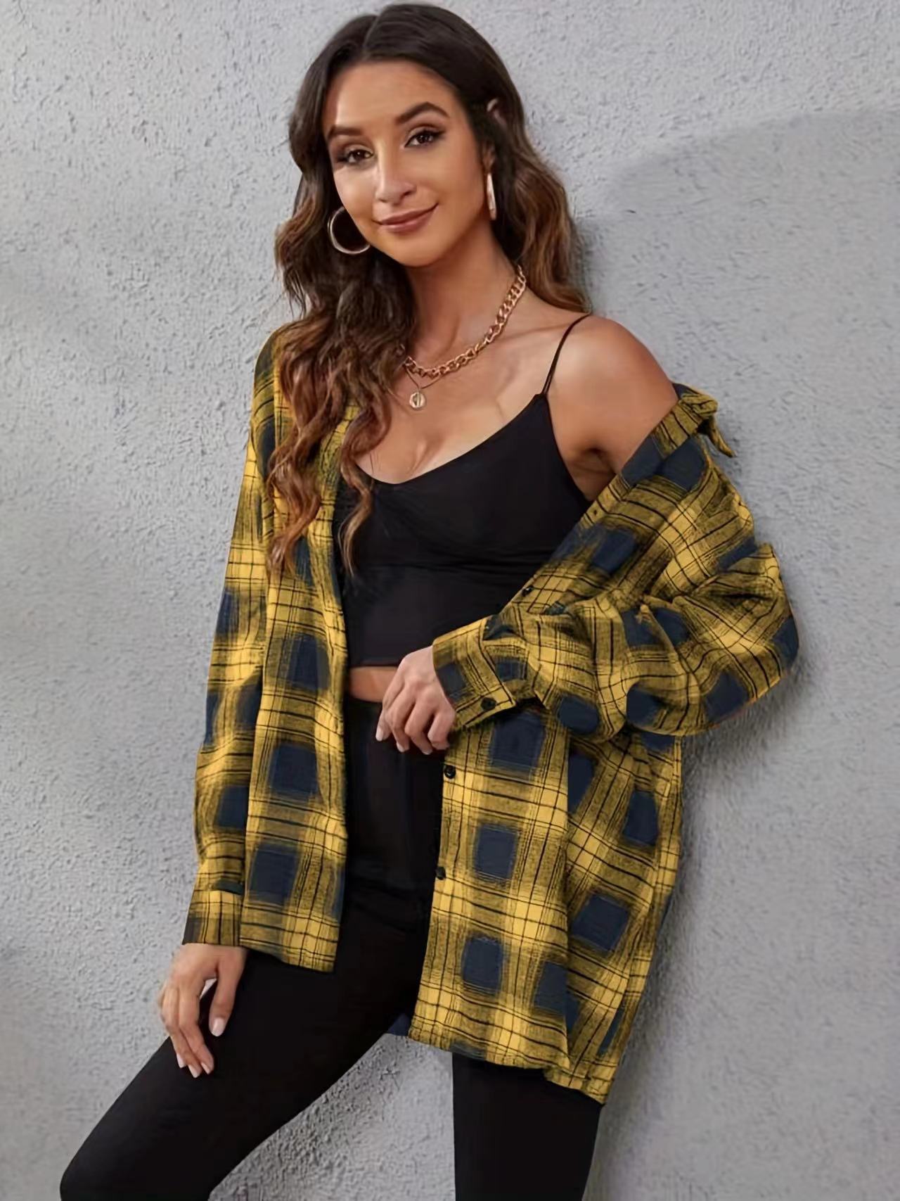 "Women's Fashion Plaid Cardigan Loose Shirt – Casual & Cozy Layer"