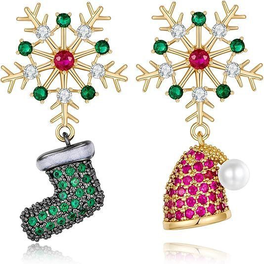 "Christmas Snowflake Asymmetric Stud Earrings – Festive Hat & Boot Design"