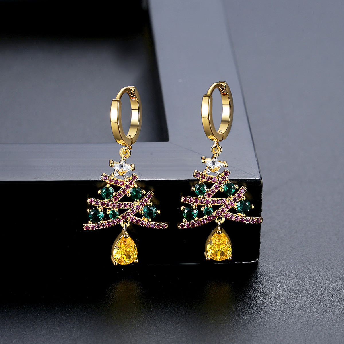 "Festive Christmas Tree Earrings with Colorful Rhinestones – Shining Holiday Jewelry for Women"