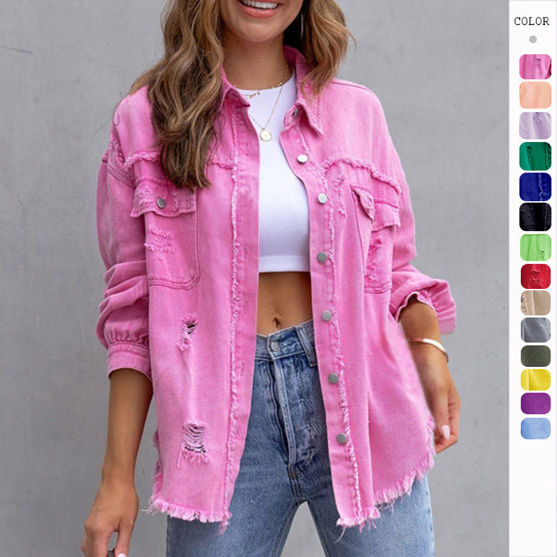 "Fashion Ripped Shirt Jacket – Casual Women's Top for Autumn and Spring"