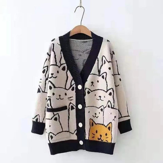 "Loose Western-Style Long Sleeve Knitted Cardigan – Cartoon Sweater for Women"