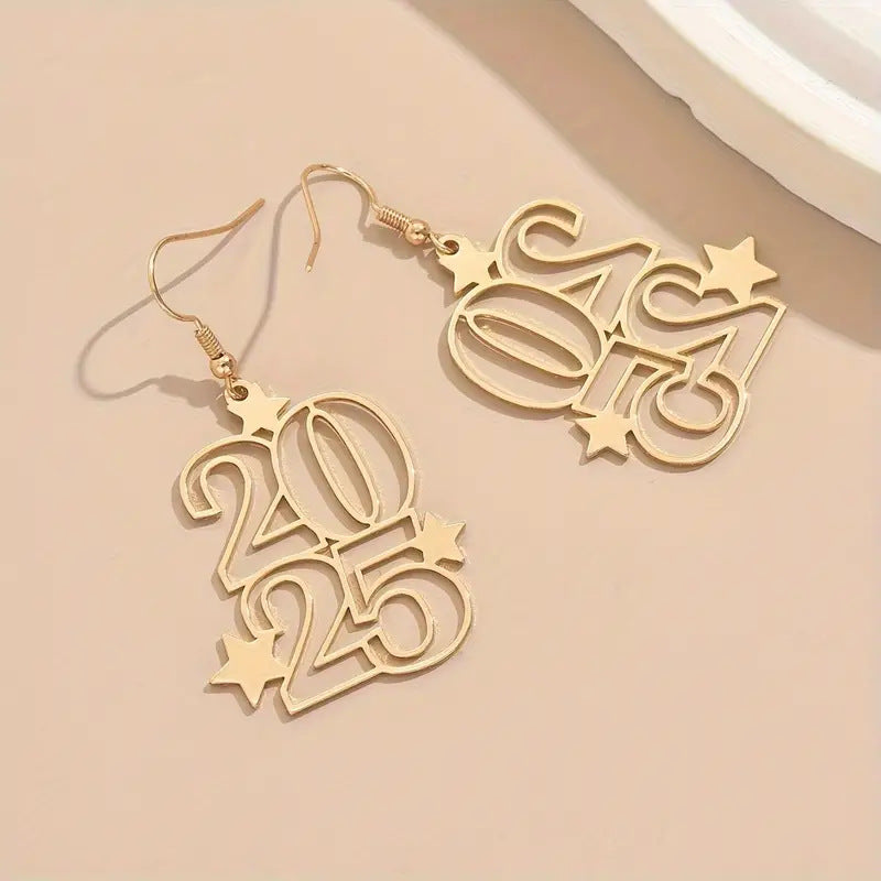 "New Creative Golden Number 2025 Dangle Earrings – Festive Fashion Jewelry for Women"