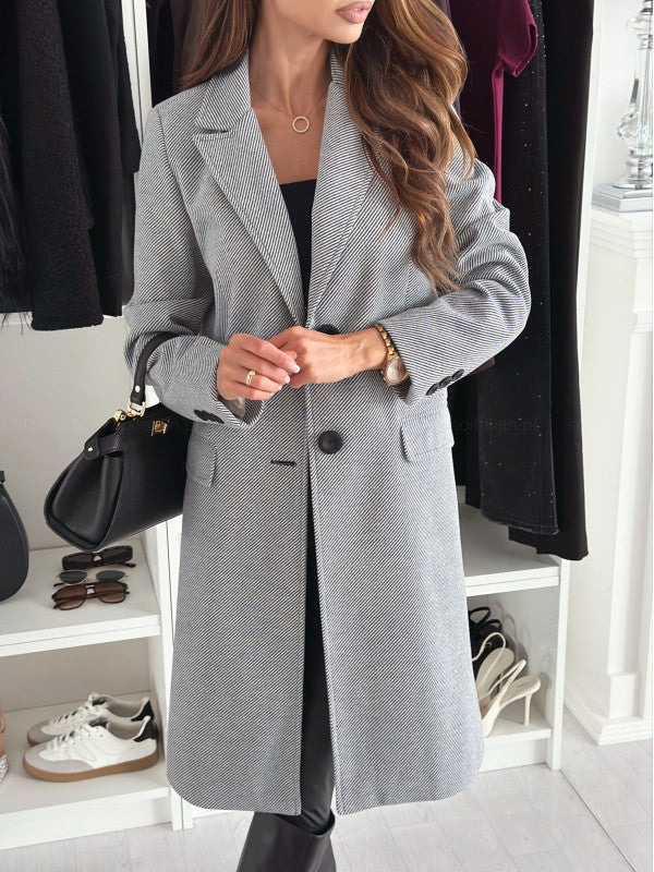 "Women's Lapel Single-Breasted Wool Coat – Winter Solid Color Long Jacket"