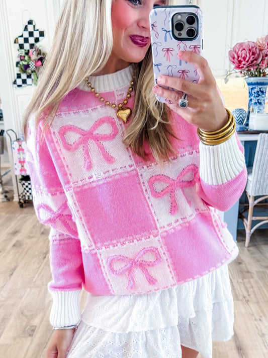 "Women's Bowknot Color Matching Knitted Sweater – Stylish and Cozy Layer for Fall & Winter"