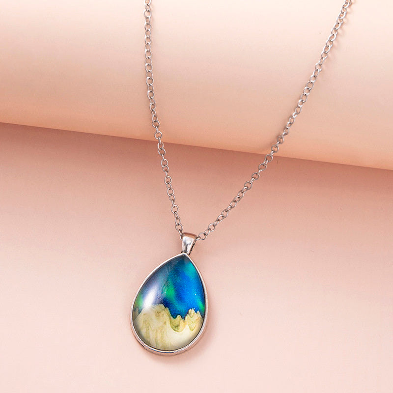 "Fashion Aurora Mountains Starry Glass Necklace – Silver Teardrop Pendant Jewelry for Women and Girls"