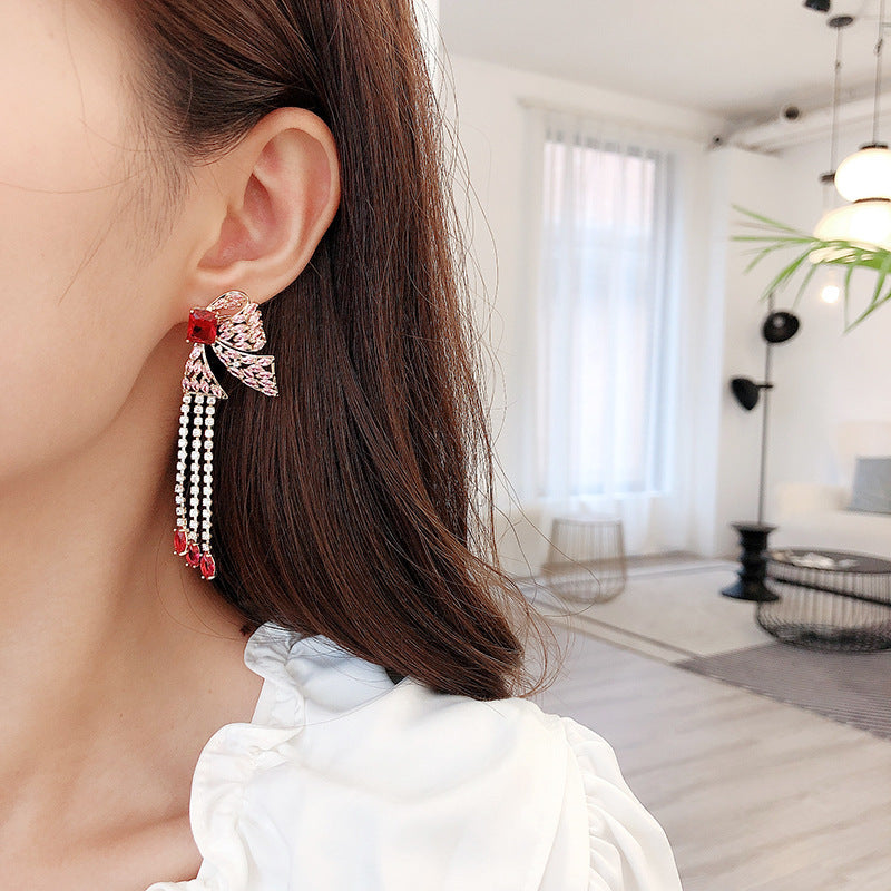 French Heavy Industry Color Tassel Long Zircon Earrings