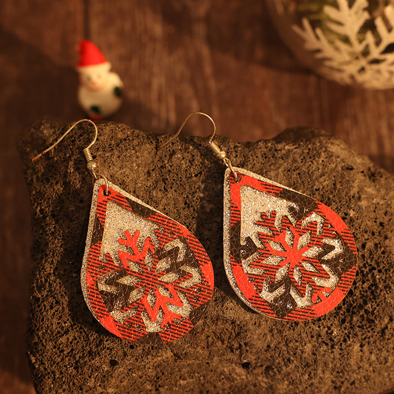 "Double-Layer Silver Red Black Plaid Hollow Snowflake Leather Earrings – Festive & Fashionable Statement Jewelry"