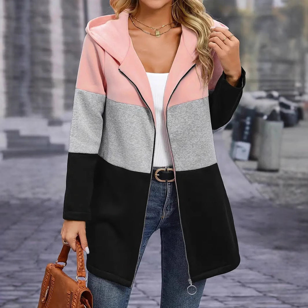 "Autumn and Winter Leisure Fashion Patchwork Hooded Jacket – Loose Color Contrast Style for Casual Comfort"