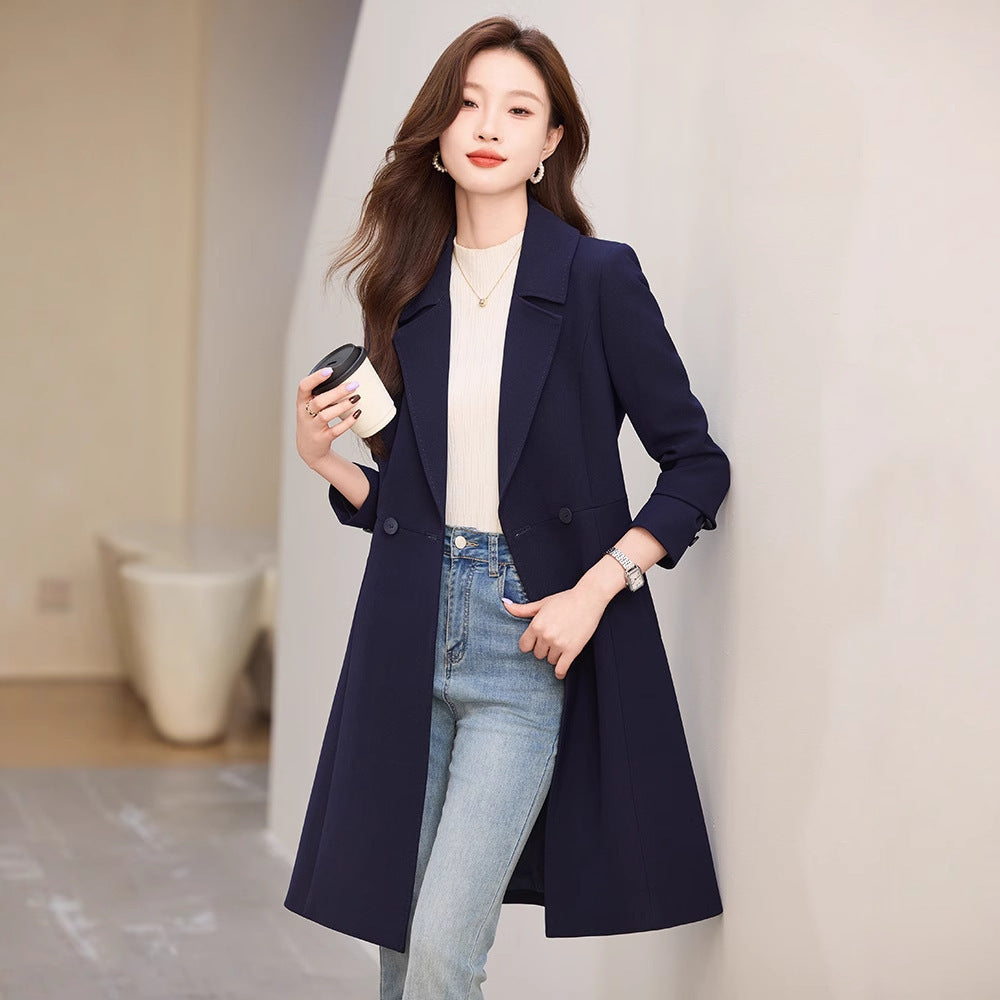 "Black Suit Trench Coat for Women – Sophisticated Autumn Outerwear"