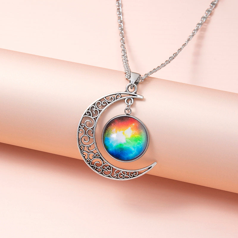 "Galaxy Planet Star Glass Necklace with Silver Hollow Moon Pendant – Cosmic Statement Jewelry for Women"